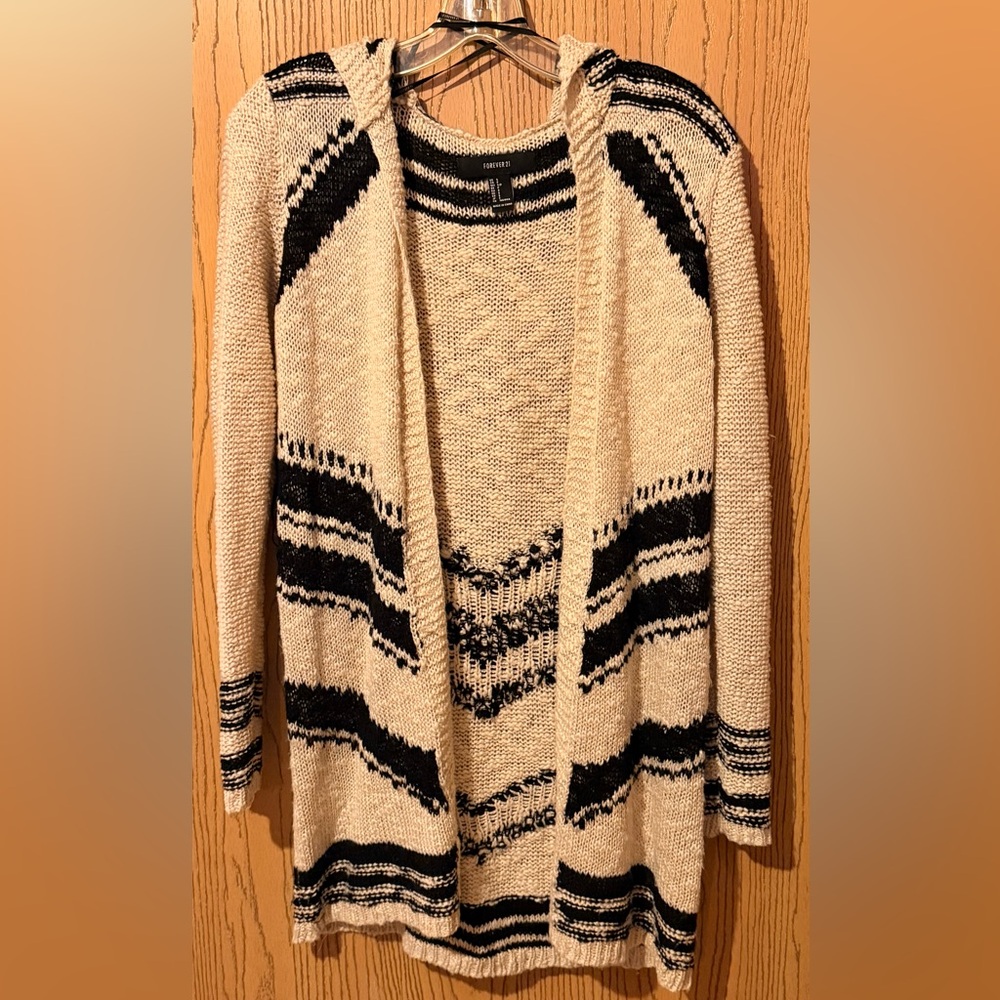 Forever 21 Black and Cream hooded Cardigan